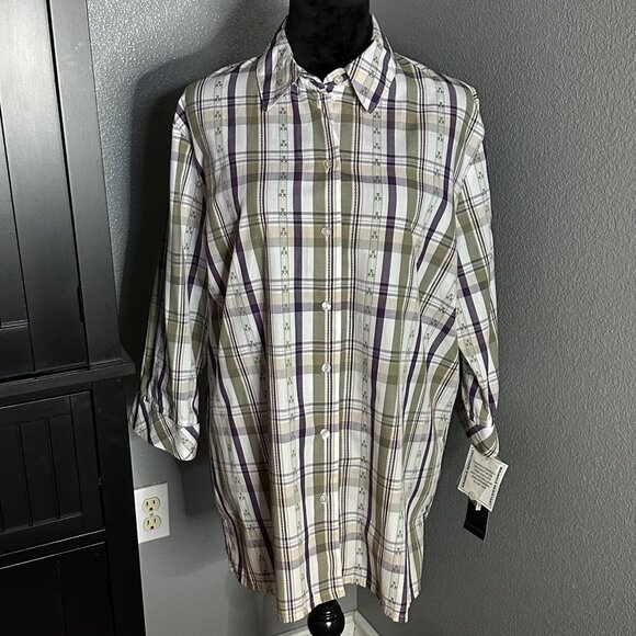 Alia Tops - Alia Shirt Womens 16 Purple Green Wrinkle Resistant Plaid Button Front Top NWT